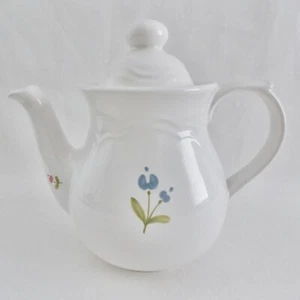 PFALTZGRAFF "GARLAND" TEAPOT SERVER, WHITE STONEWARE BLUE AND PINK FLOWERS - Picture 1 of 9