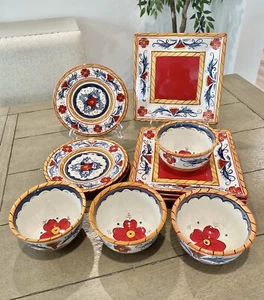12 Piece Tabletops Gallery ITALIANO Plates Bowls HAND PAINTED Red Gold Floral - Picture 1 of 12