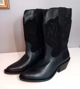 PILCRO Womens Cowboy Boots UK 4 Mid Calf Western Black Suede Leather Block Heel - Picture 1 of 18