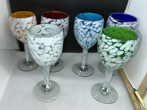 6 Mexico Multi Color Pebble Style Hand Blown Wine Glass Goblets - Picture 1 of 10