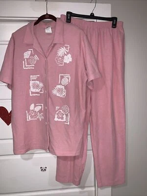 Conjunto de 2 piezas de pantalones vintage de eslabones rosa manga corta con botones con patrón de concha marina Foto 1 de 4