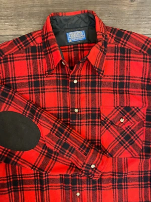 70's Pendleton Shirt Mens Large Red/Black 100% Virgin Wool Elbow Pads Made USA - Image 1 of 4