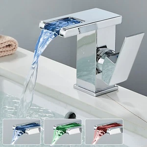 Chrome LED Waterfall Bathroom Sink Faucet 1 Hole Single Handle Vanity Mixer Taps - Picture 1 of 11