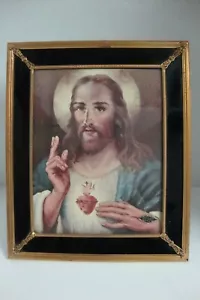 MCM Frame 50's PortraitJesus Sacred Heart Florence Kroger VTG Brass Trim 24kt GP - Picture 1 of 8