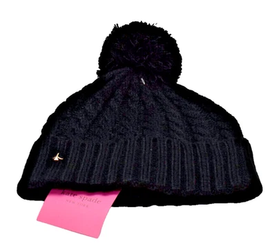 Kate Spade New York Cable Knit Pom Beanie Hat Black New! NWT - Image 1 of 4