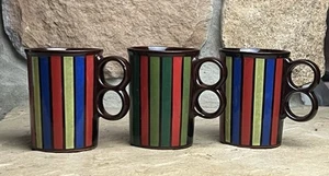 Vintage Nasco Coffee Mugs Lot Of 3 Double Finger Handle Striped Pottery 8oz - Picture 1 of 8