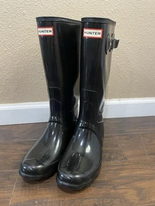 Hunter Original Tall Gloss Rain Boots Black Waterproof US Womens 9 - Picture 1 of 14