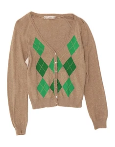 ZARA maglione cardigan donna crop UK 10 piccolo beige argyle/diamante cotone BT03 - Foto 1 di 3