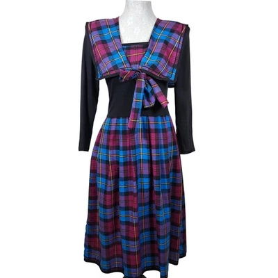 Vestido Vintage Años 80 You Babes Marinero A Cuadros Talla 7 Azul Púrpura Midi EE. UU. Cottagecore Foto 1 de 4