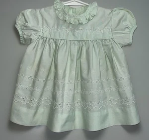 Abito bambina vintage verde menta - ricamato - colletto arricciato - charm anni 70 - 12M - Foto 1 di 8