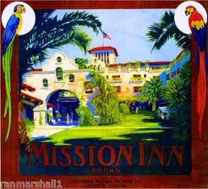 Impresión artística de etiqueta de caja de cítricos naranja Riverside California The Mission Inn - Imagen 1 de 1