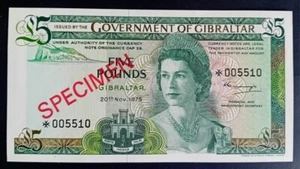 Gibraltar 5 Pounds 1975 Specimen Banknote rare - Picture 1 of 2