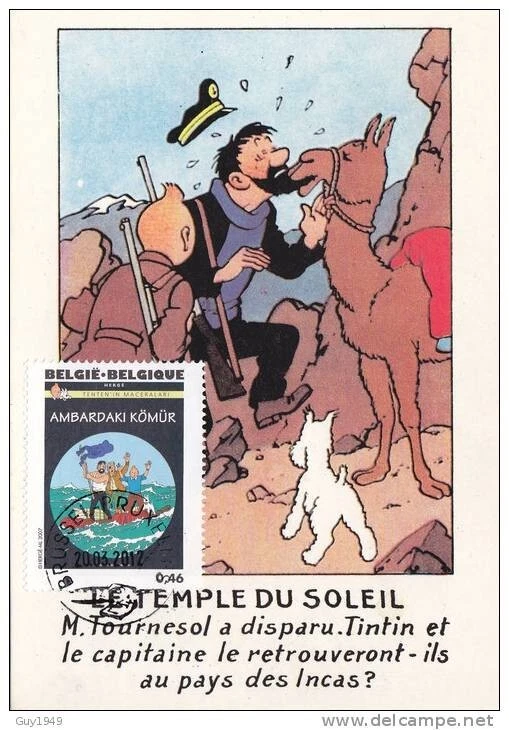 Belgium TINTIN & SNOWY “SUN TEMPLE” Card with FDC Cancel-2012-COMICS-Tim&Struppi - Image 1 of 1