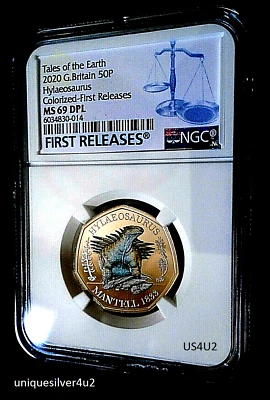 2020 GREAT BRITAIN 50P NGC MS69 DPL COLORIZED HYLAEOSAURUS 2 COIN SET FR - RARE - Image 1 of 4