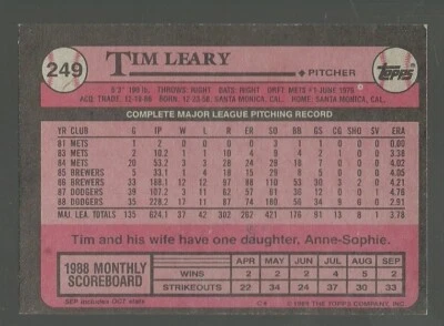 1989 TOPPS BASEBALL  #249  TIM LEARY  NM+  BLANK FRONT ERROR  L.A. DODGERS - Image 1 of 2