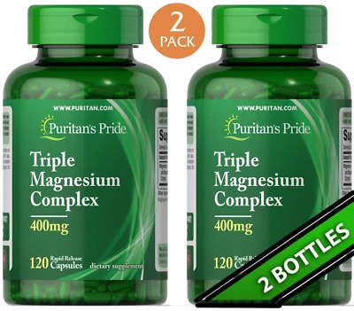 2 Pack Triple Magnesium Complex  240 Caps (2x120) 400mg Nerve Muscle Bone Health - Image 1 of 4