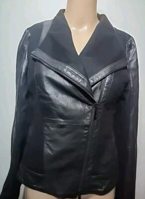 Armani Jeans Women's Black Leather Wool Biker Jacket Size EU 38 US 2 - Image 1 of 4