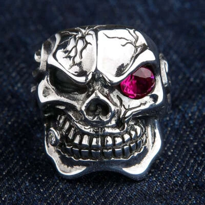 925 Sterling Silver Red Ruby Eye Skull Ring Biker Mens Gothic Rock n Roll Harley - Image 1 of 4