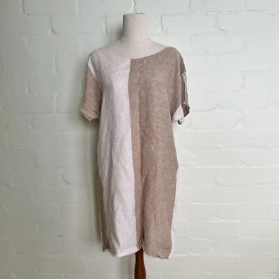 handmade linen dress • tan & cream neutral tones - Image 1 of 4