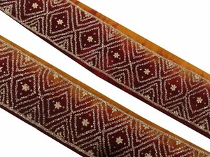 Om Vintage Sari Border Art Silk Beaded Maroon Ribbon Trim 3.5 W" L270 - Picture 1 of 10