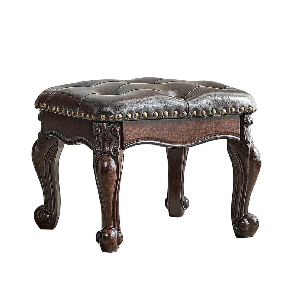 Small Footstool Brown Leather Ottoman,Vintage Carved Upholstered Footrest, Ru... - Image 1 of 4