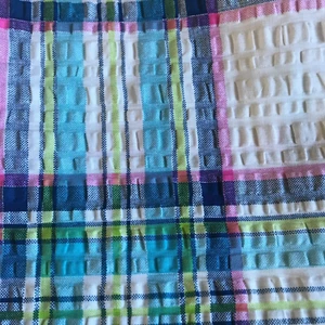 True Vintage 60's 70's Plaid Seersucker Fabric, Pink Blue White Green 1 metre - Picture 1 of 7