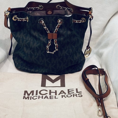 Nuova autentica borsa a secchio Michael Kors marrone con firma rivestita in tela e pelle