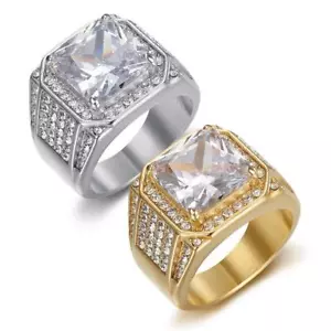 Anello Hip Hop Grande Pietra Acciaio Inox 316l Anelli Quadrati Placcato Oro 18k Gioielli - Foto 1 di 14