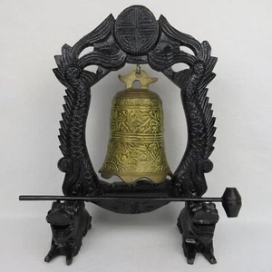 Vintage Carved Wood Gong Bell Stand Brass Bell Hammer Dragons Foo Dog Large 12" - Picture 1 of 17