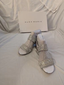 NIB Alex Marie CalinaTwo Metallic Rhinestone Block Heel Sandals Silver Size 7.5 - Picture 1 of 3
