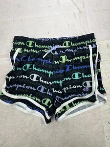 NWOT Champion Athletic Shorts Kids Girls 10/12 All Over Logo Print Black B3-112 - Picture 1 of 3