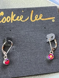 Cookie Lee Small Round Red Aurora Borealis Rhinestone in Silvertone Frame Dangle - Picture 1 of 6