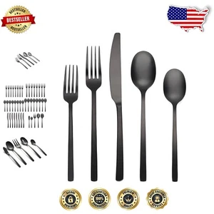Stylish Black Satin Finish Flatware Set – Complete 45-Piece Dining Collection - Picture 1 of 10