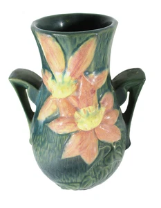 ROSEVILLE CLEMATIS POTTERY FLORAL VASE, #108-8, 2 HANDLES MINT CONDITION - Picture 1 of 3