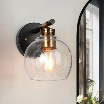 Zevni 1-Light Black Wall Sconce Globe Seeded Glass Modern Farmhouse Vanity Light - Image 1 of 4