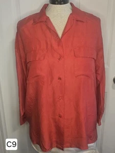 Vintage 100% Seide Bluse Bonjour Gr. L rot Kragen Knopfleiste Langarm Taschen - Bild 1 von 8