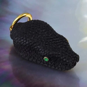 Snake Head Pendant Black Horn Carving Gold Vermeil & Emerald Eyes 7.87 g - Picture 1 of 12