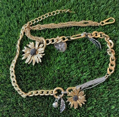 "Cinturón de cadena tono dorado ZARA dijes girasol moneda pluma declaración pasarela de 40""" Foto 1 de 4