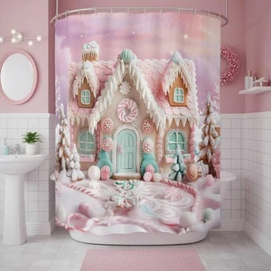 Pink Christmas Shower Curtain, Gingerbread House Candy Land Bathroom Set, Win... - Bild 1 von 9