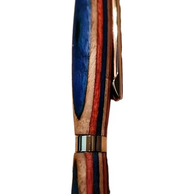 Vtg Slimline Ballpoint Ink Pen Multi Color Wood Block Art & Stand Handcrafted   - Image 1 of 4