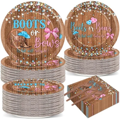 200Pcs Boots or Bows Gender Reveal Party Decorations Blue Pink Tableware Dinn... - Image 1 of 4