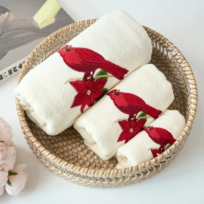 Juego de 3 toallas de baño de Navidad 100 % algodón bordadas, rojo cardenal Foto 1 de 4