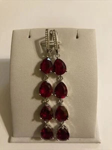 Long Red Ruby Tear Drops White CZ Leverback Earrings  - Picture 1 of 6