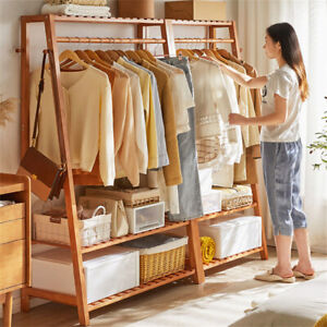 Bamboo Clothes Hanging Garment Rack Heavy Duty Laundry Rack Cloest Storage Shelf