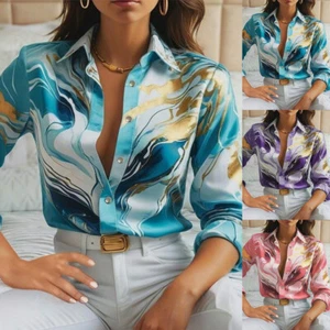 Women Print V-Neck Button Long Sleeve T-Shirt Loose Casual Holiday Tops Blouse - Picture 1 of 20