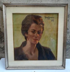OIL PAINTING ON CANVAS PORTRAIT WOMAN SIGNED TOM NOVELLI '71 WOOD FRAME PAINTING - Picture 1 of 9