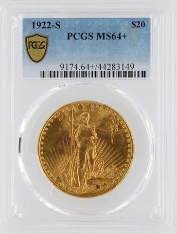 1922-S Saint Gaudens PCGS MS64+ $20 Double Eagle San Francisco Minted Gold Coin Cover