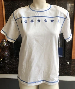 Vtg Robert Scott Ltd Women’s 80s Shirt Top White Sz Small Blue Embroidery NWT - Picture 1 of 10
