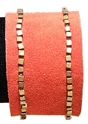 Handmade Orange Genuine Suede Leather Cuff Bracelet Bronze Tone Cube Beaded 7.5" - Image 1 of 4