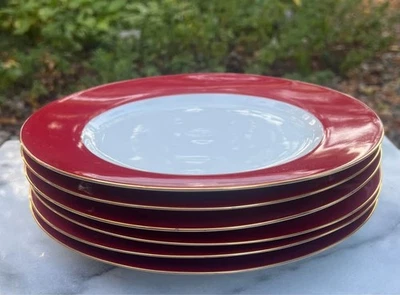 Juego de 6 platos de cena con borde dorado banda roja cajón y barril Foto 1 de 4